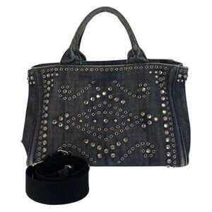 Prada Bijoux Canapa Triangle Logo Plate Navy Blue Denim Tote Bag